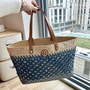 TORY BURCH Woven Raffia Blue Tote Bag